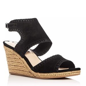Via Spiga Izett Black Suede Wedge Espadrille Sandal Sz 9.5 Momcore Beachy Vacay